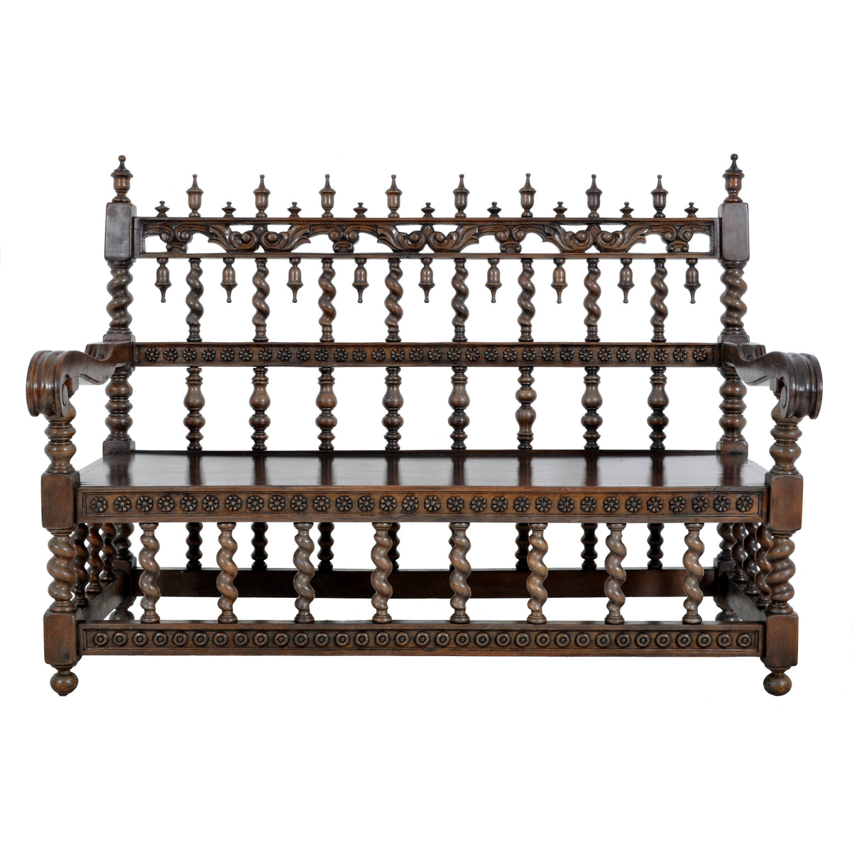 Antique Spanish Moorish Baroque Walnut Carved Barley-Twist Bench, circa 1850
