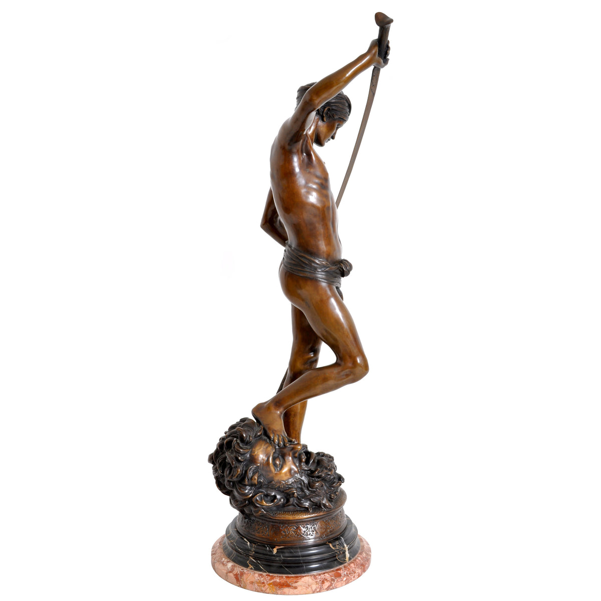 "David Apres le Combat" Antique French Bronze Statue & Marble Column by Antonin Mercie (1845-1916), circa 1880