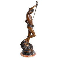 "David Apres le Combat" Antique French Bronze Statue & Marble Column by Antonin Mercie (1845-1916), circa 1880