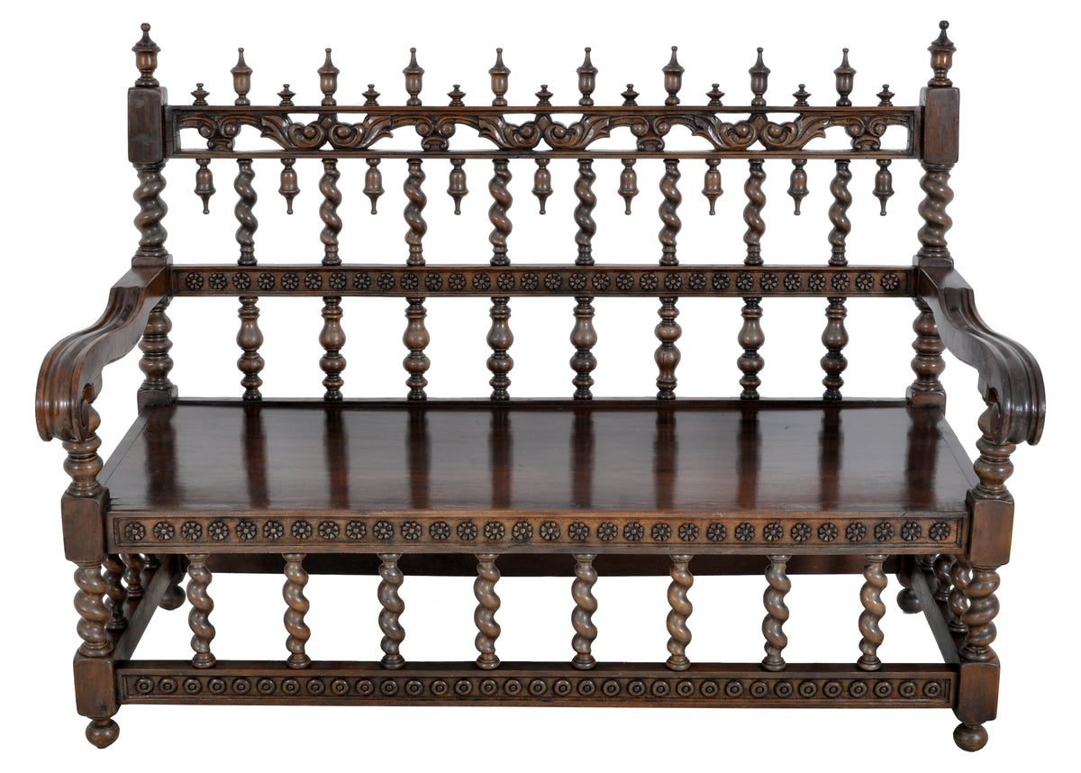 Antique Spanish Moorish Baroque Walnut Carved Barley-Twist Bench, circa 1850
