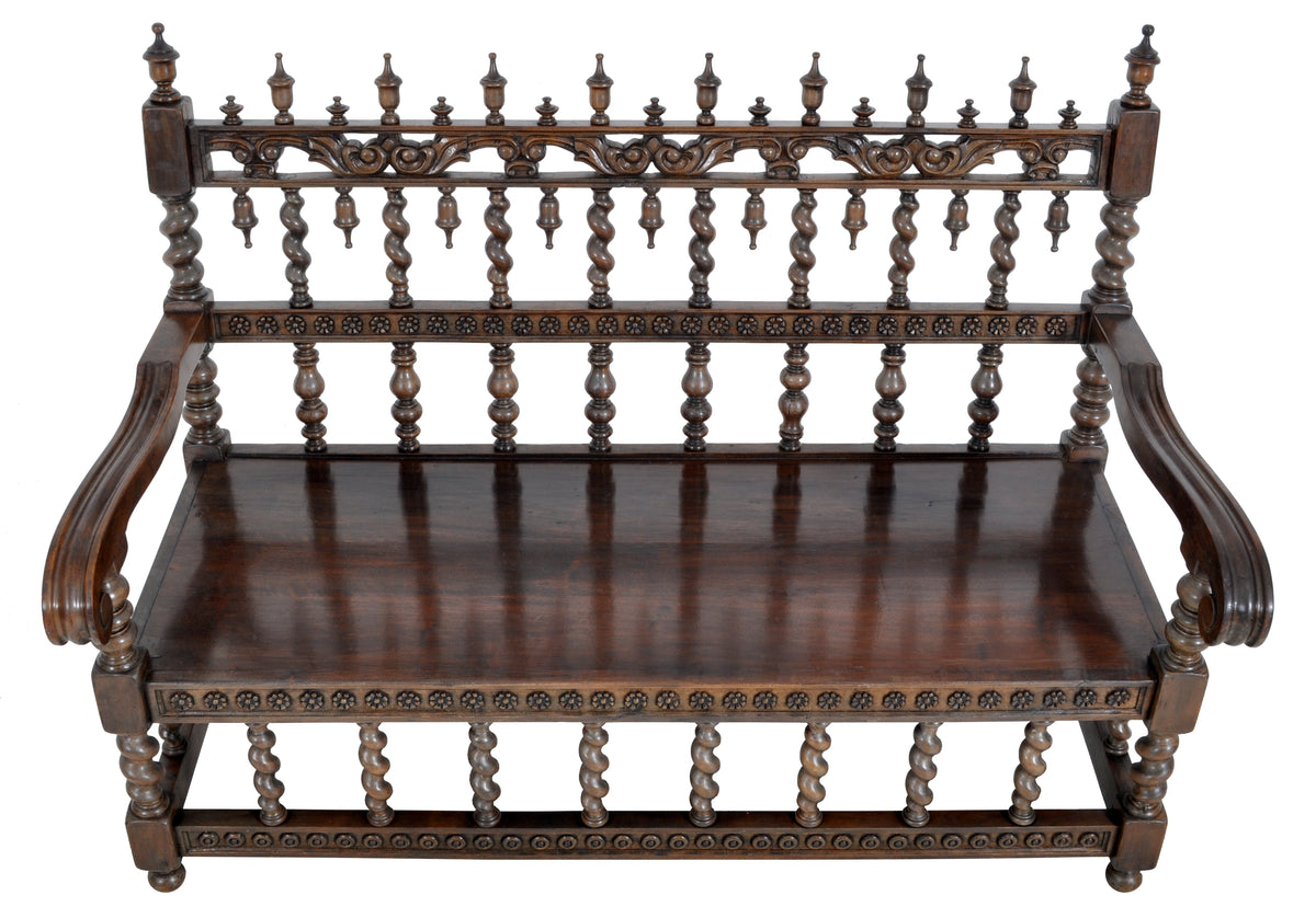 Antique Spanish Moorish Baroque Walnut Carved Barley-Twist Bench, circa 1850