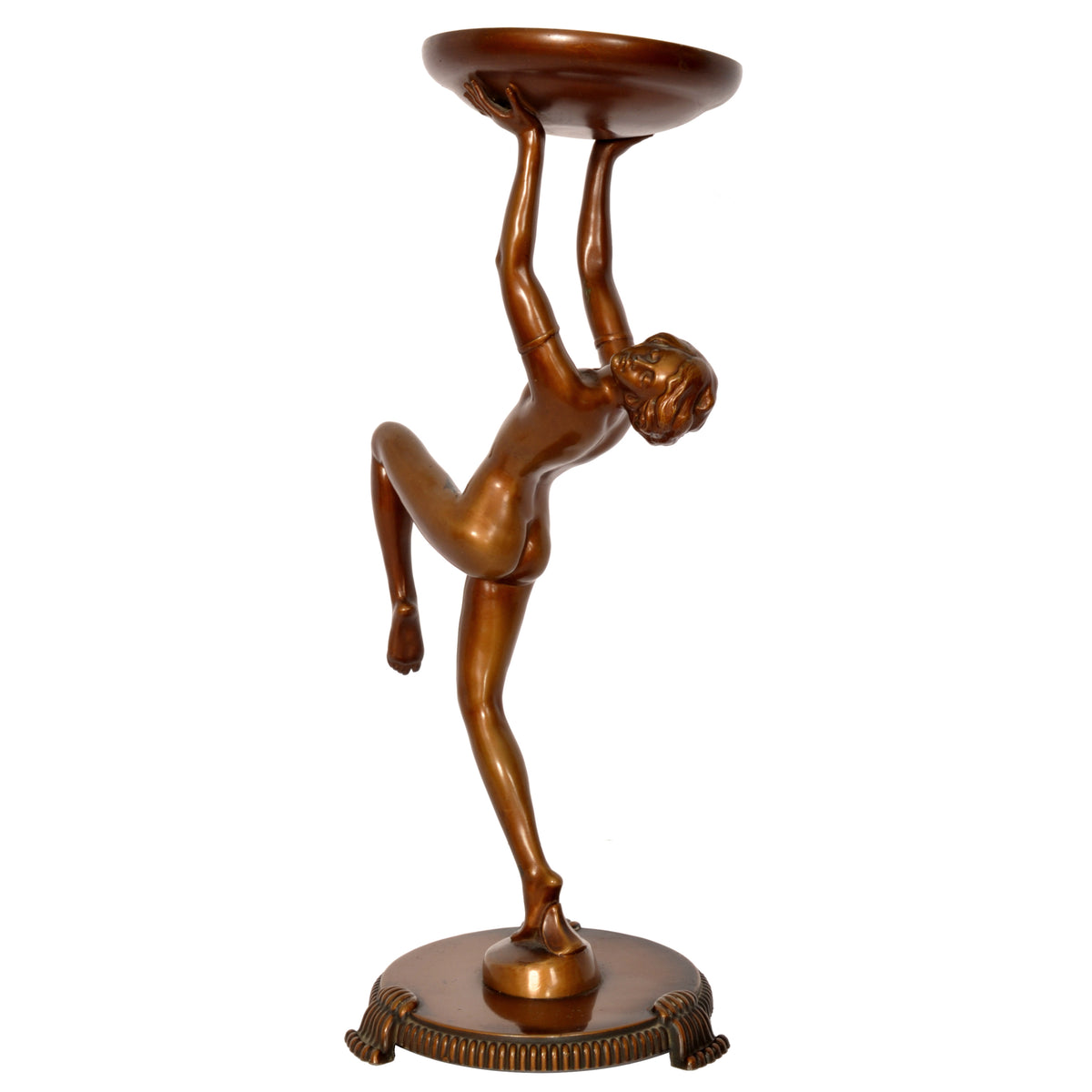 Antique Pair of French Art Deco Bronze Female Nude Dancers Statues Stands Circa 1925