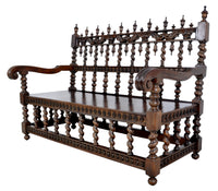 Antique Spanish Moorish Baroque Walnut Carved Barley-Twist Bench, circa 1850