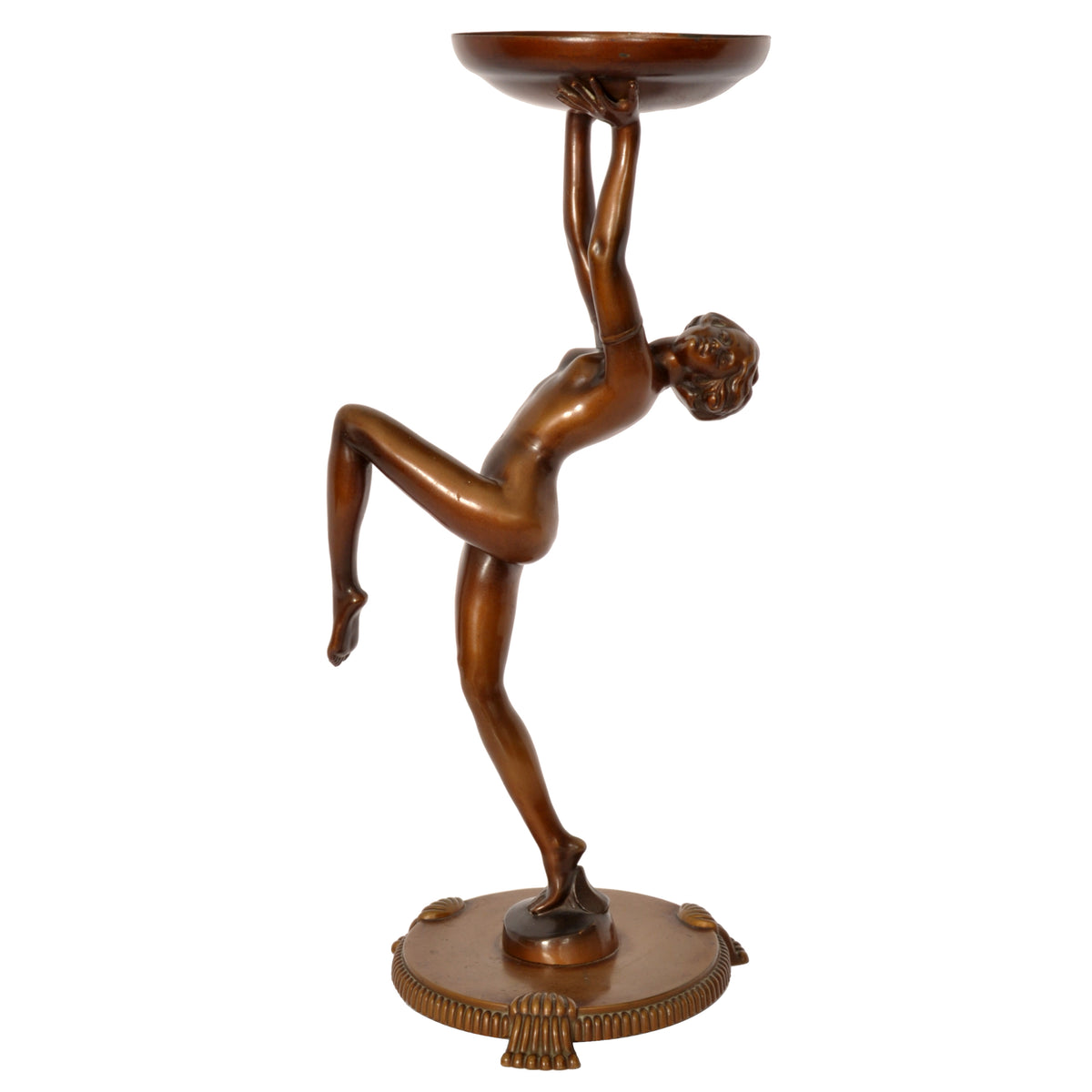 Antique Pair of French Art Deco Bronze Female Nude Dancers Statues Stands Circa 1925