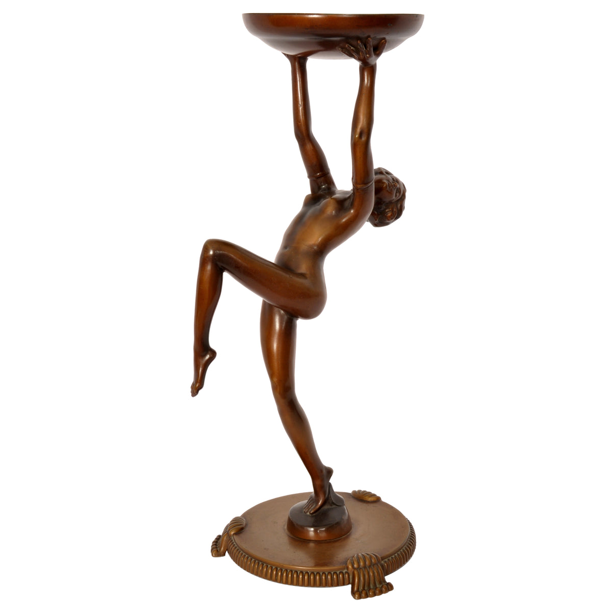 Antique Pair of French Art Deco Bronze Female Nude Dancers Statues Stands Circa 1925