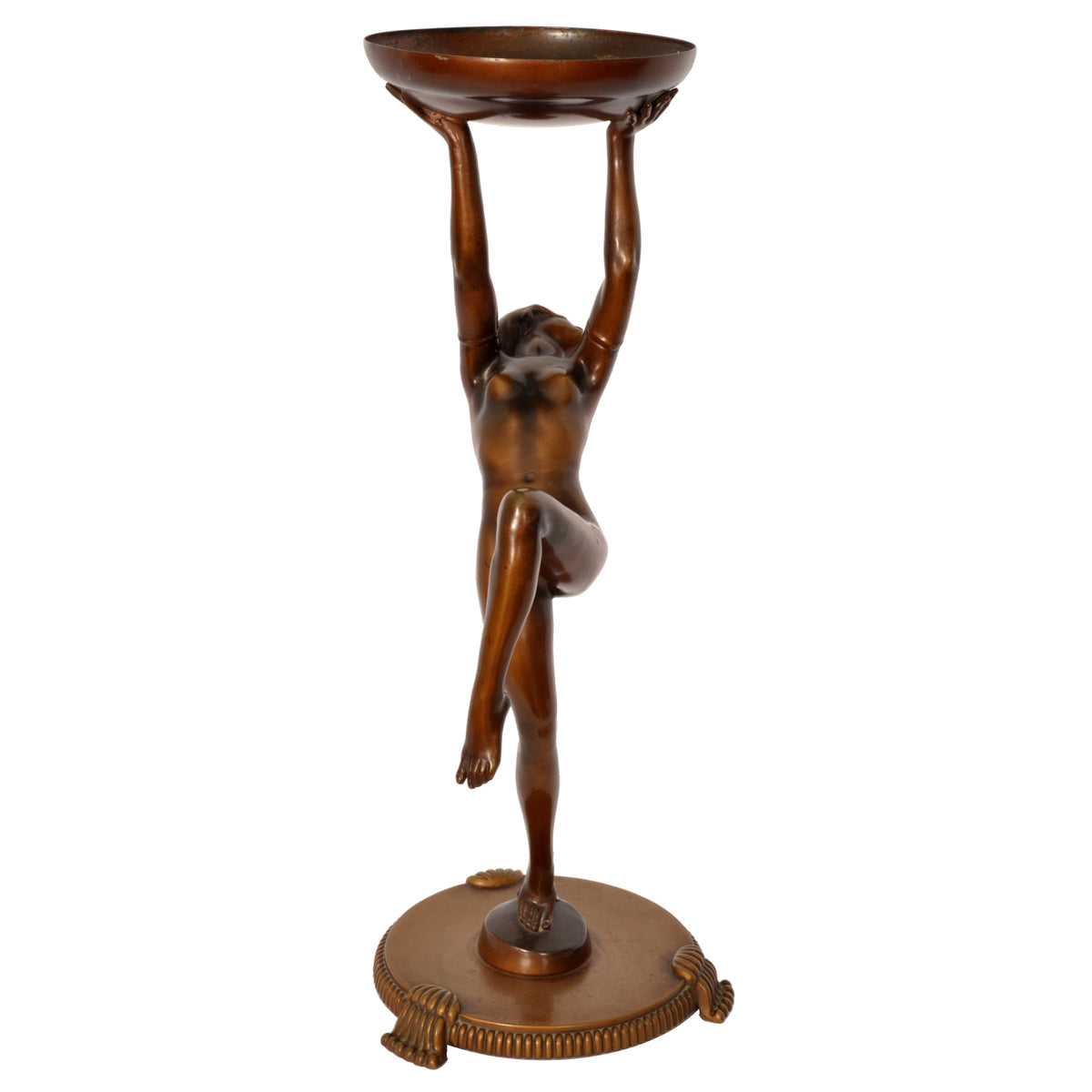 Antique Pair of French Art Deco Bronze Female Nude Dancers Statues Stands Circa 1925