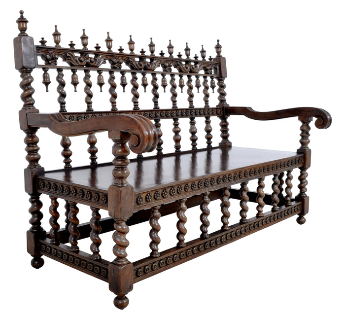 Antique Spanish Moorish Baroque Walnut Carved Barley-Twist Bench, circa 1850