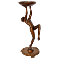 Antique Pair of French Art Deco Bronze Female Nude Dancers Statues Stands Circa 1925