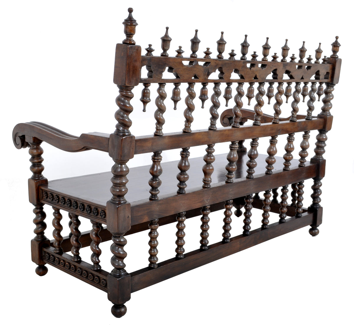 Antique Spanish Moorish Baroque Walnut Carved Barley-Twist Bench, circa 1850