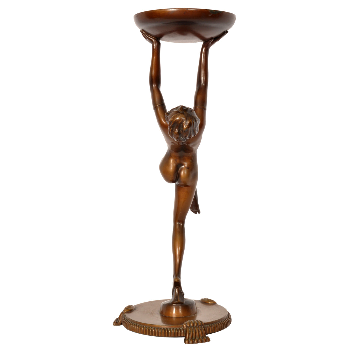 Antique Pair of French Art Deco Bronze Female Nude Dancers Statues Stands Circa 1925
