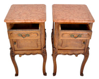 Pair of Antique French Provincial Carved Oak Marble Top Night Stands, circa 1890