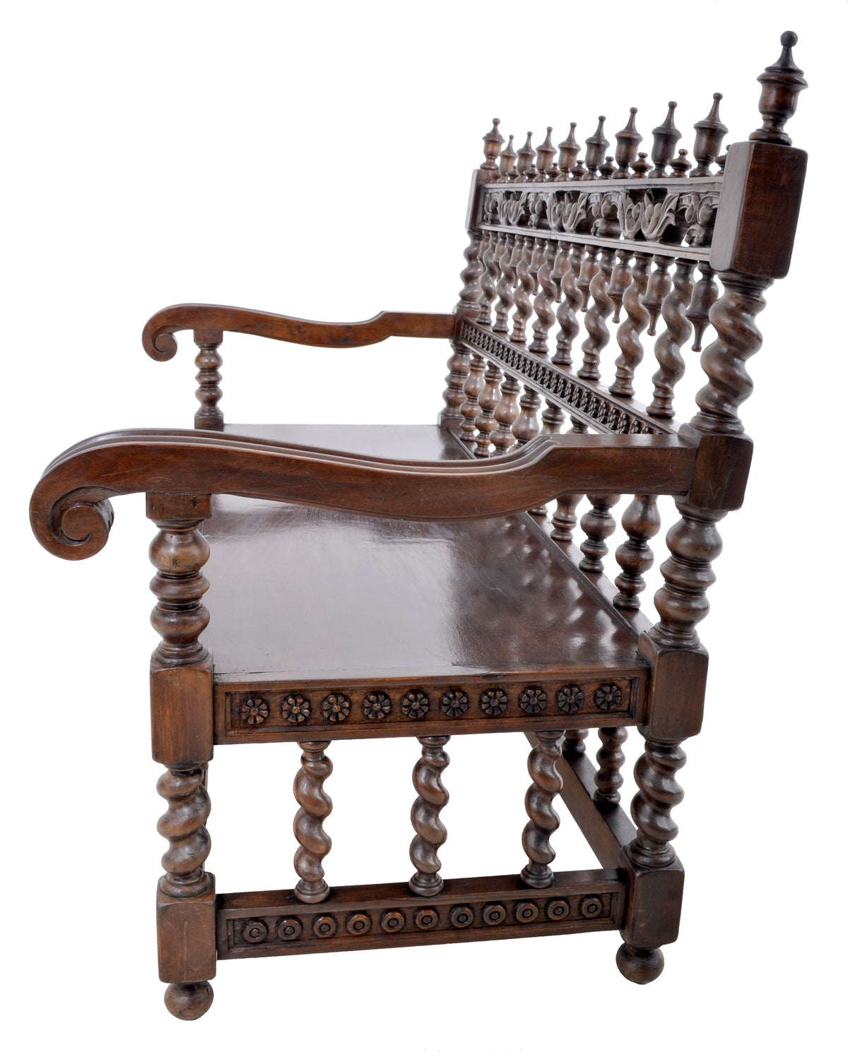 Antique Spanish Moorish Baroque Walnut Carved Barley-Twist Bench, circa 1850
