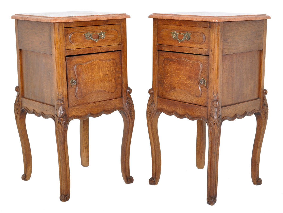 Pair of Antique French Provincial Carved Oak Marble Top Night Stands, circa 1890