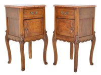 Pair of Antique French Provincial Carved Oak Marble Top Night Stands, circa 1890