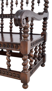 Antique Spanish Moorish Baroque Walnut Carved Barley-Twist Bench, circa 1850