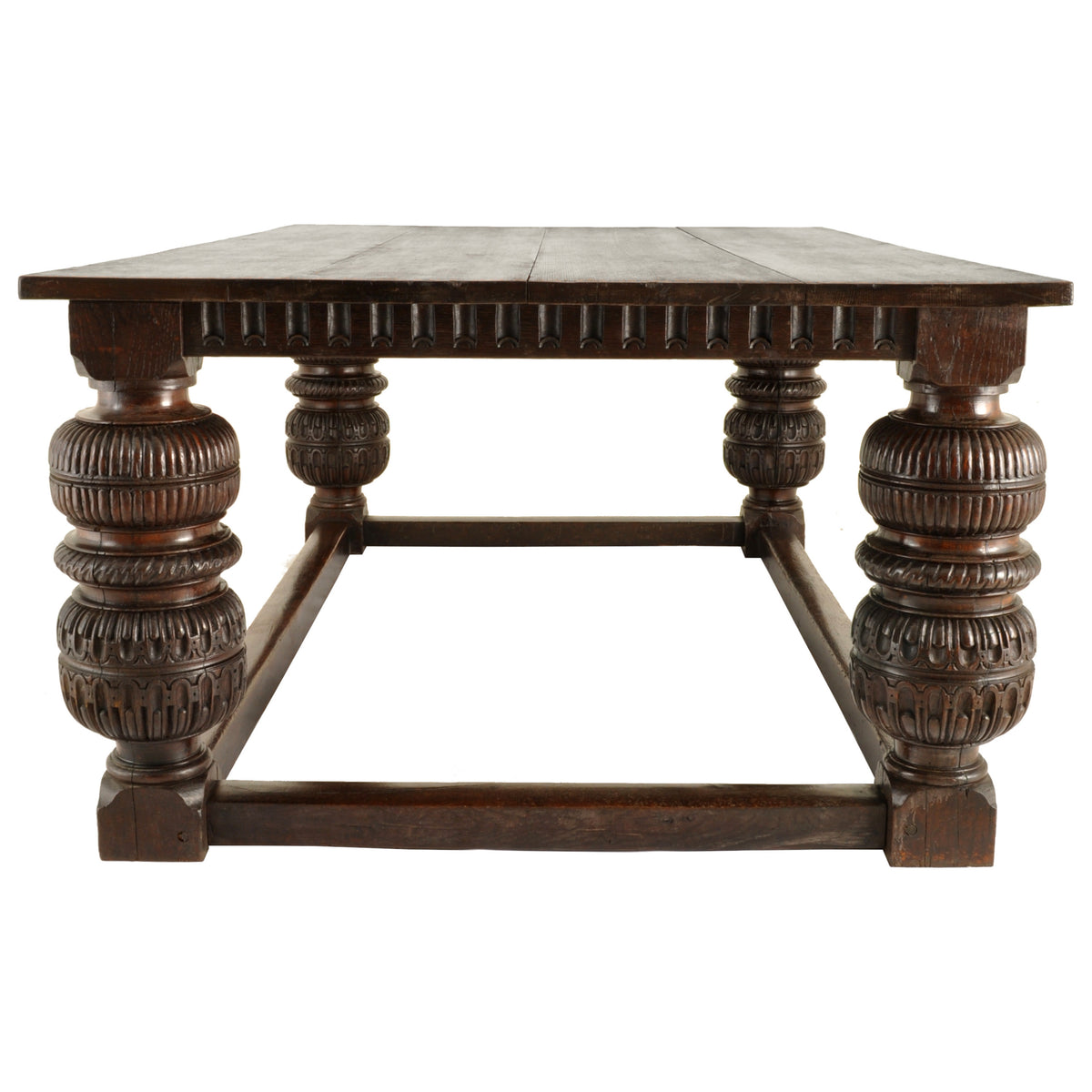 Antique Elizabethan Tudor Carved Oak Refectory Dining Console Serving Table, Circa 1580
