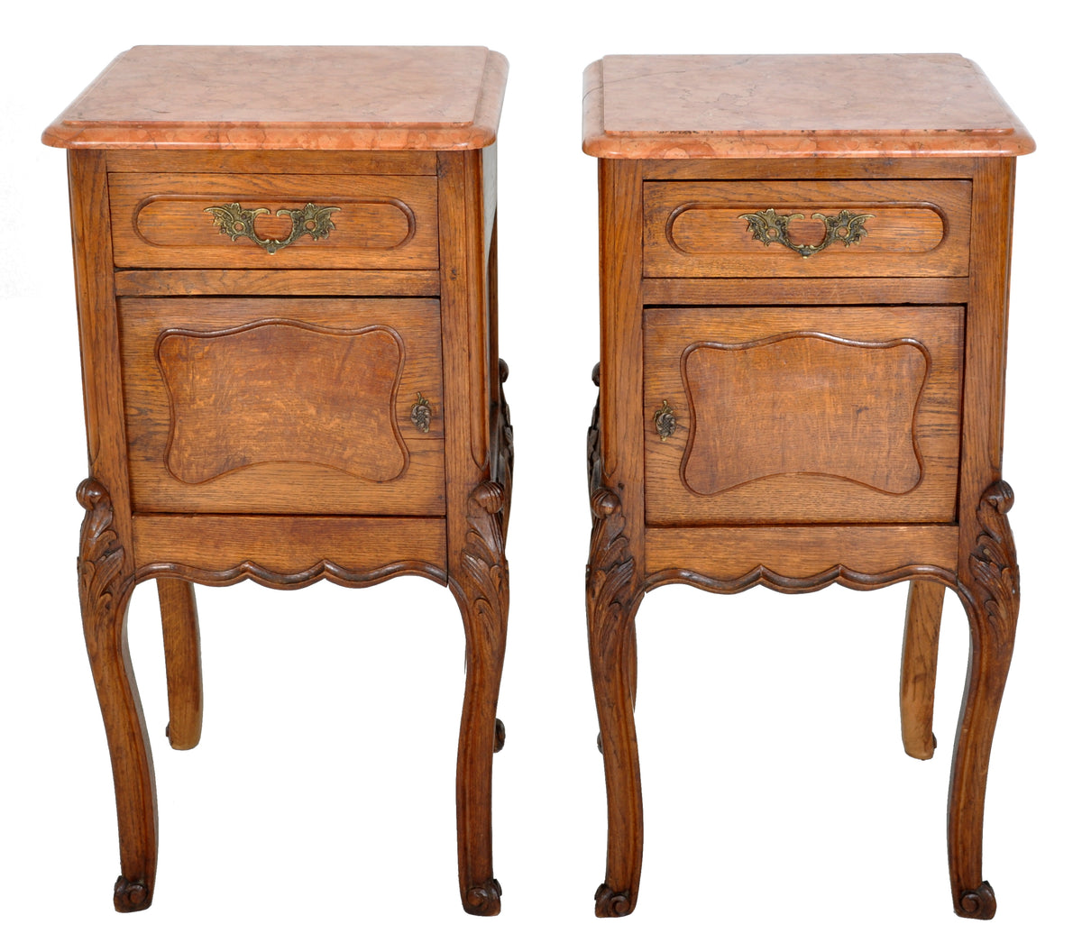 Pair of Antique French Provincial Carved Oak Marble Top Night Stands, circa 1890
