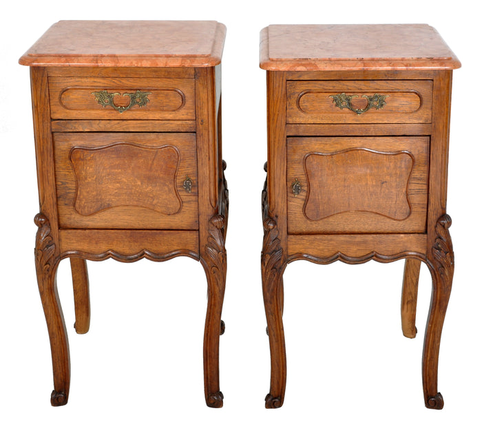 Pair of Antique French Provincial Carved Oak Marble Top Night Stands, circa 1890