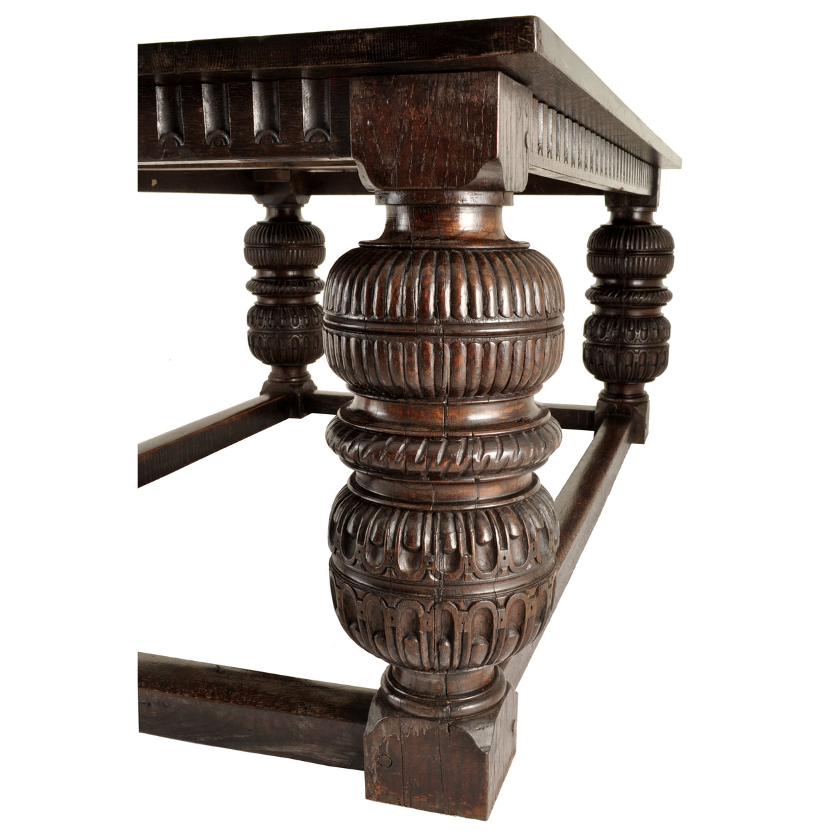 Antique Elizabethan Tudor Carved Oak Refectory Dining Console Serving Table, Circa 1580
