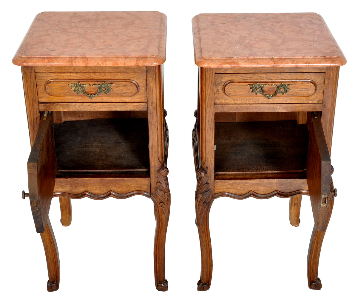 Pair of Antique French Provincial Carved Oak Marble Top Night Stands, circa 1890