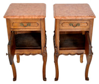 Pair of Antique French Provincial Carved Oak Marble Top Night Stands, circa 1890
