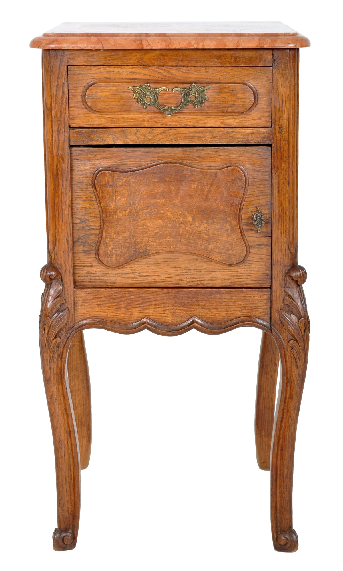 Pair of Antique French Provincial Carved Oak Marble Top Night Stands, circa 1890