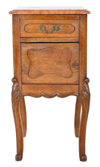 Pair of Antique French Provincial Carved Oak Marble Top Night Stands, circa 1890
