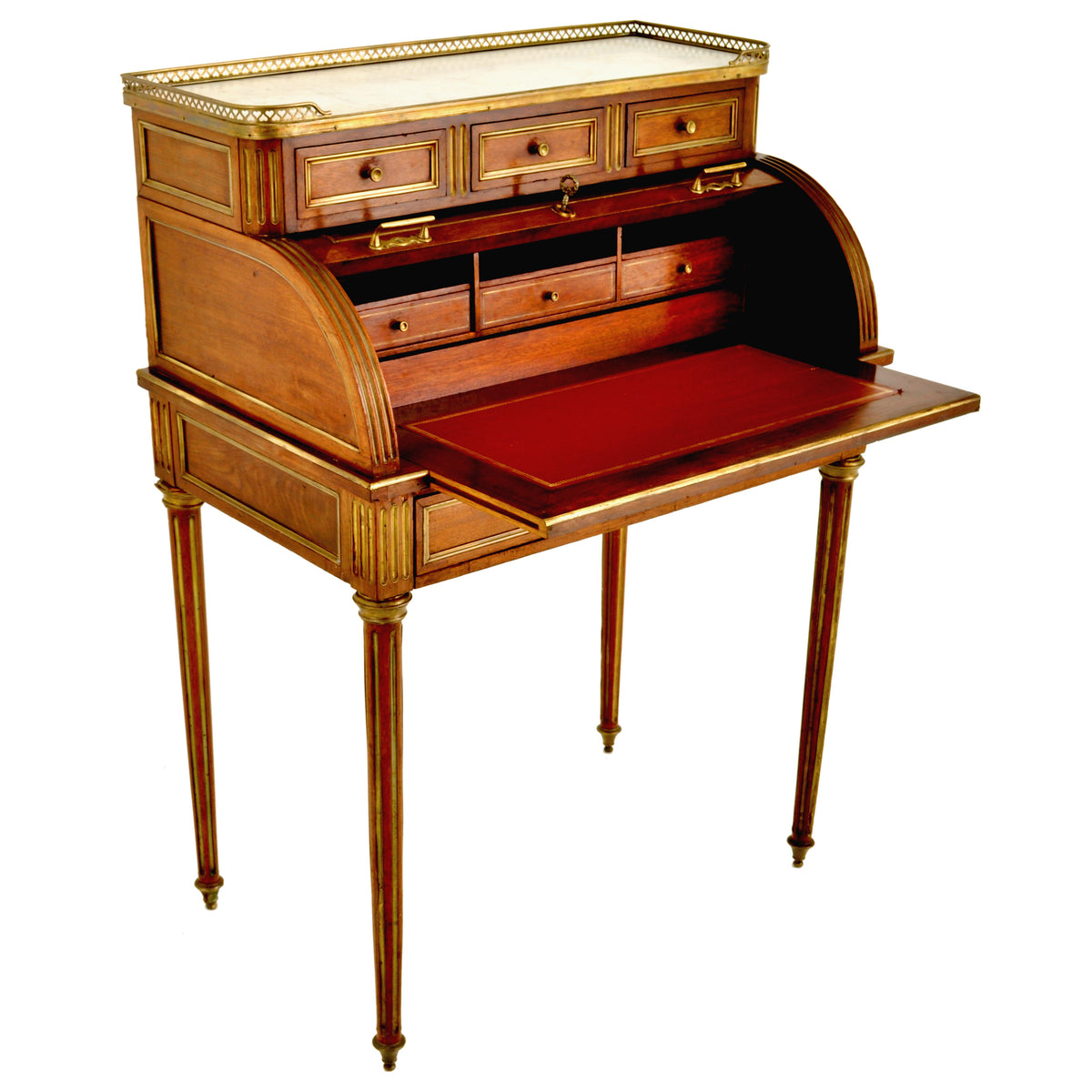 Antique 19th Century French Louis XVI Walnut Ormolu Marble Cylinder Desk, circa 1880