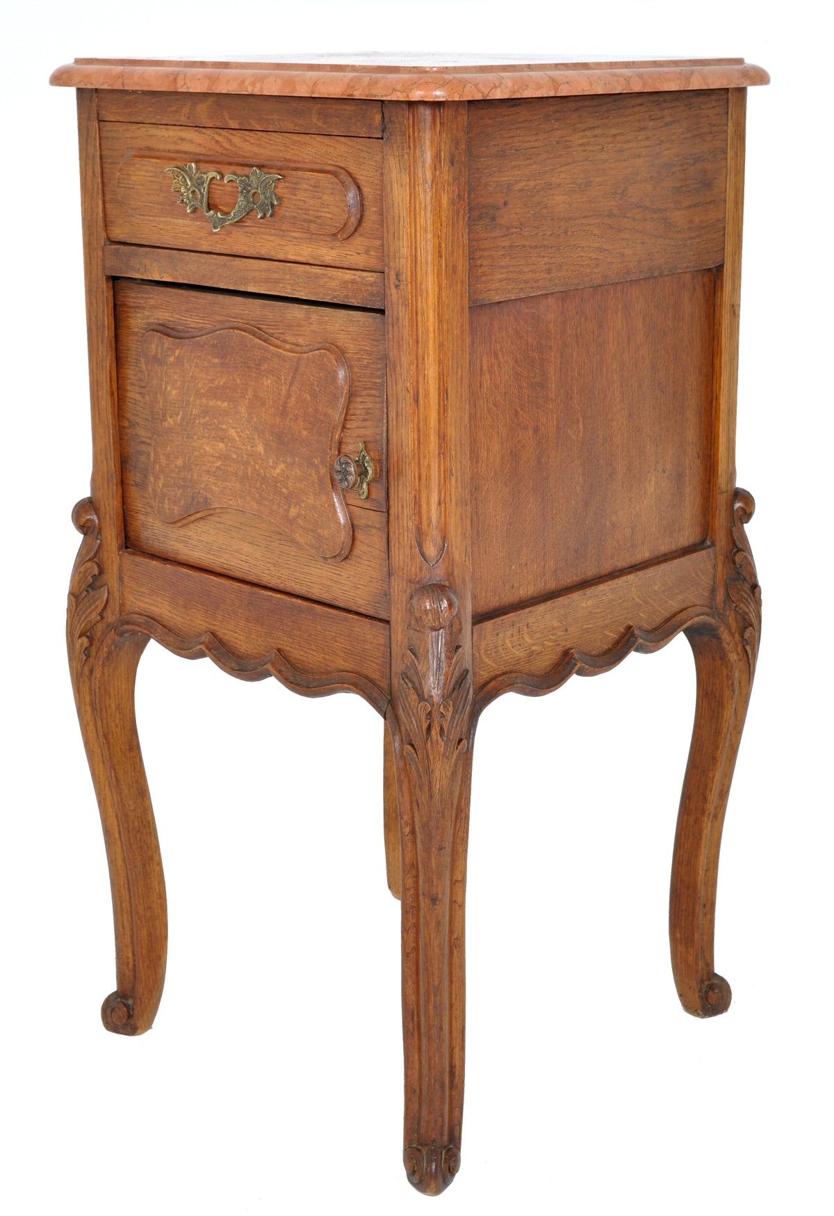 Pair of Antique French Provincial Carved Oak Marble Top Night Stands, circa 1890