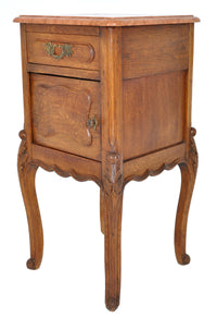 Pair of Antique French Provincial Carved Oak Marble Top Night Stands, circa 1890