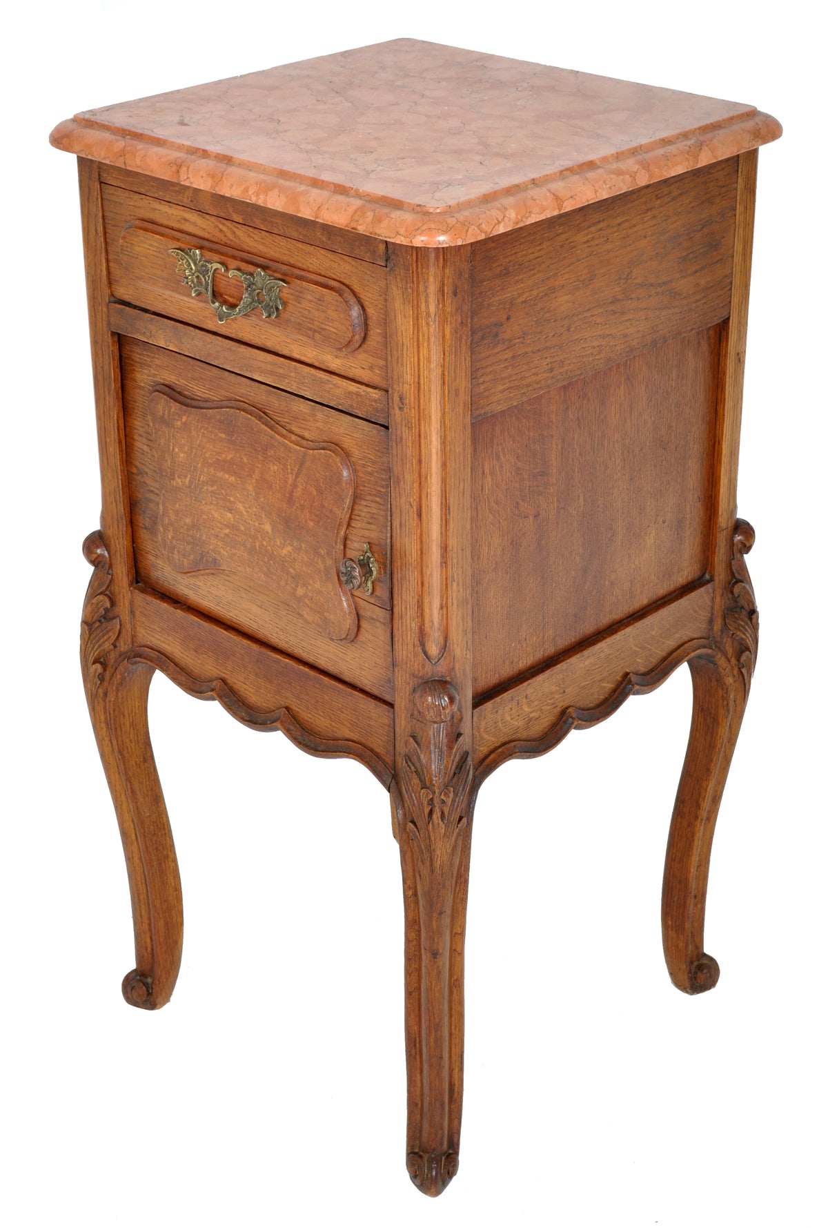 Pair of Antique French Provincial Carved Oak Marble Top Night Stands, circa 1890