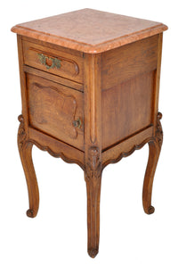 Pair of Antique French Provincial Carved Oak Marble Top Night Stands, circa 1890