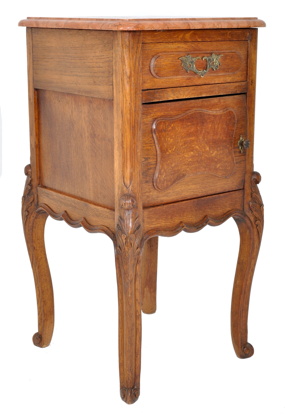 Pair of Antique French Provincial Carved Oak Marble Top Night Stands, circa 1890