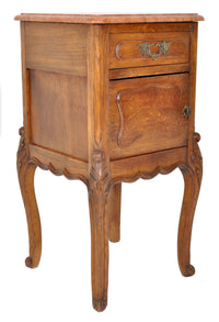 Pair of Antique French Provincial Carved Oak Marble Top Night Stands, circa 1890