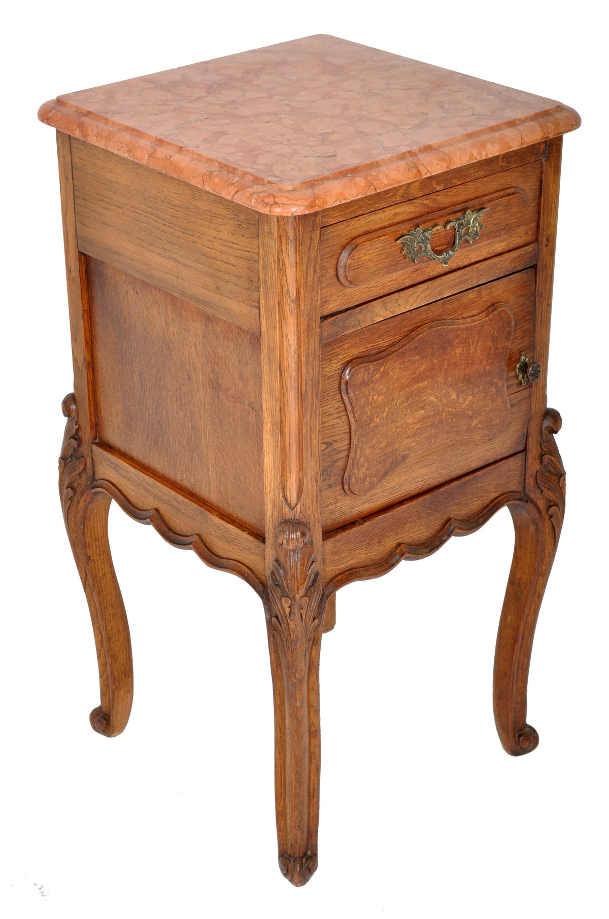 Pair of Antique French Provincial Carved Oak Marble Top Night Stands, circa 1890