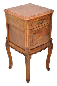 Pair of Antique French Provincial Carved Oak Marble Top Night Stands, circa 1890
