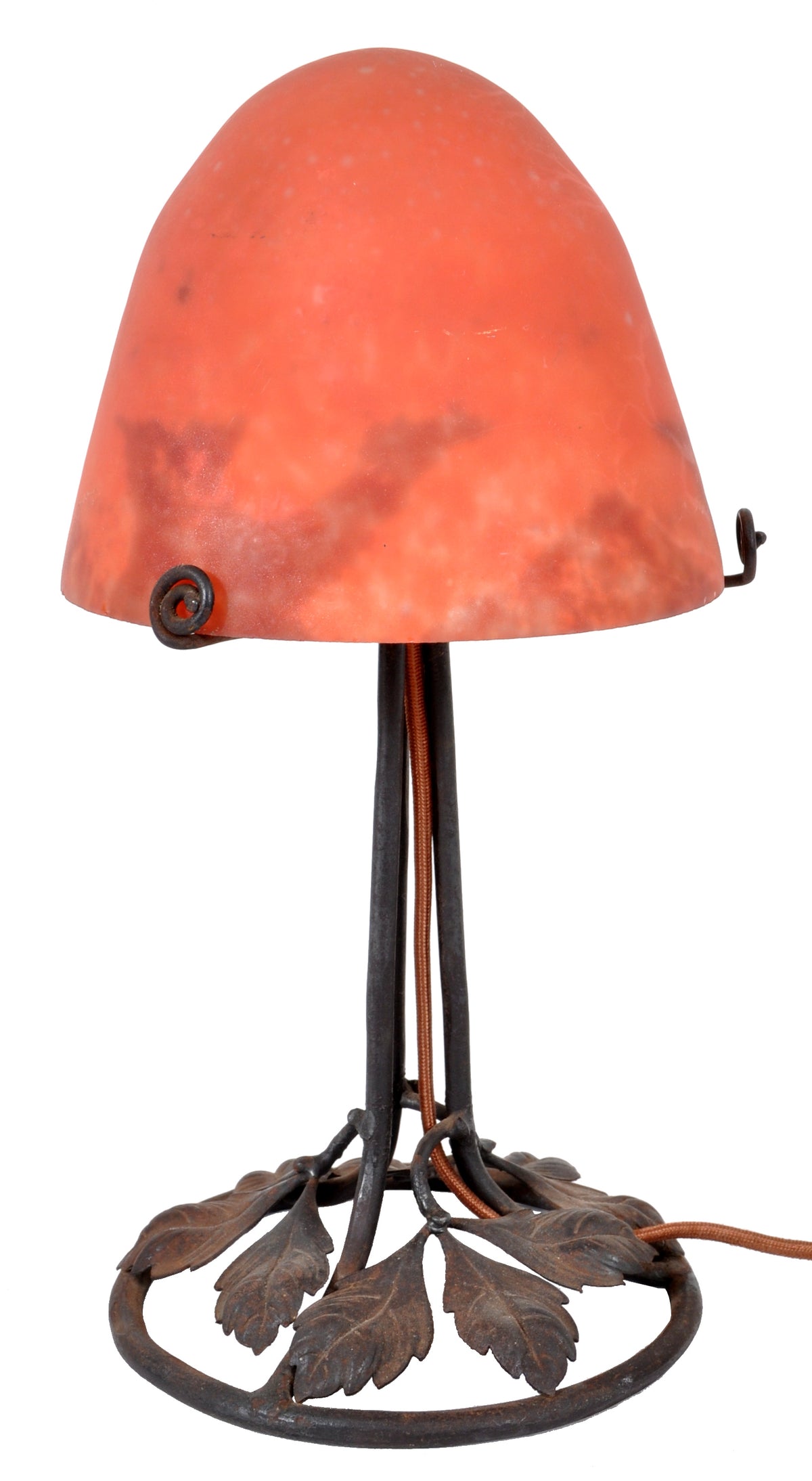 Antique French Art Deco 'Mushroom' Edgar Brandt Wrought Iron Daum Table Lamp, circa 1920