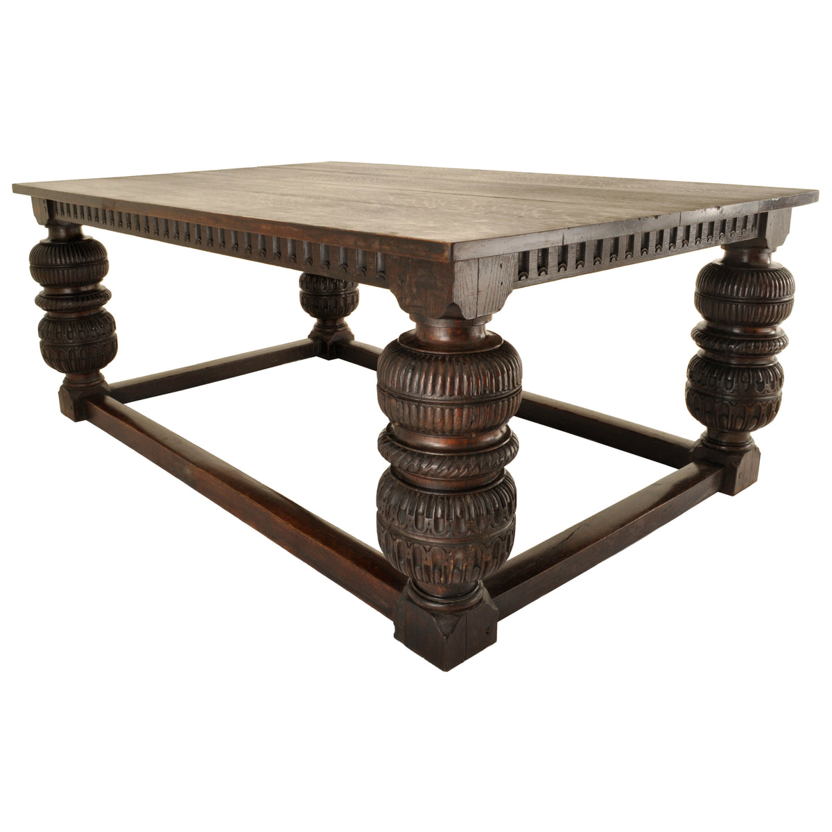 Antique Elizabethan Tudor Carved Oak Refectory Dining Console Serving Table, Circa 1580