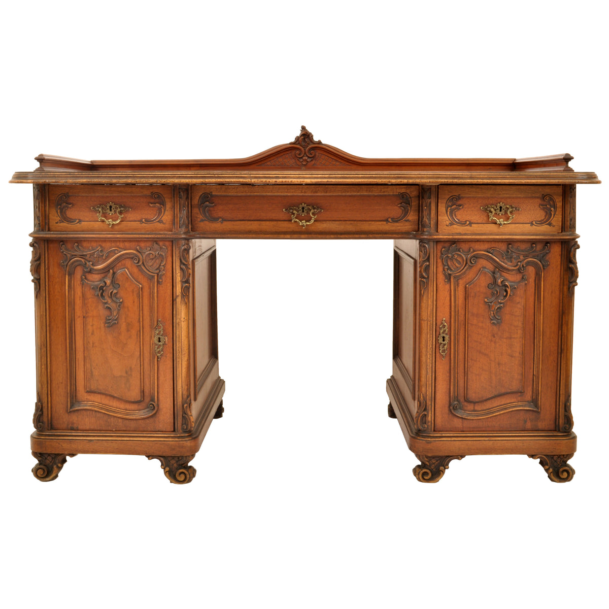 Antique 19th Century Austrian Carved Walnut Rococo Twin Pedestal Desk, circa 1880