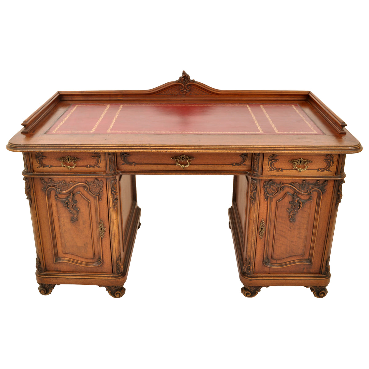 Antique 19th Century Austrian Carved Walnut Rococo Twin Pedestal Desk, circa 1880
