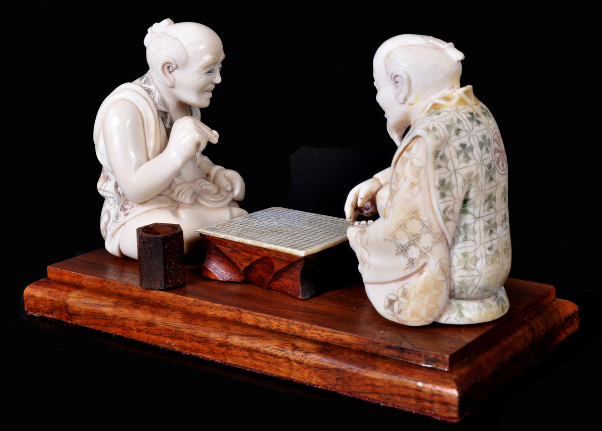 Antique Japanese Meiji Period Ivory Figural Group / Okimono, Go Players, circa 1890