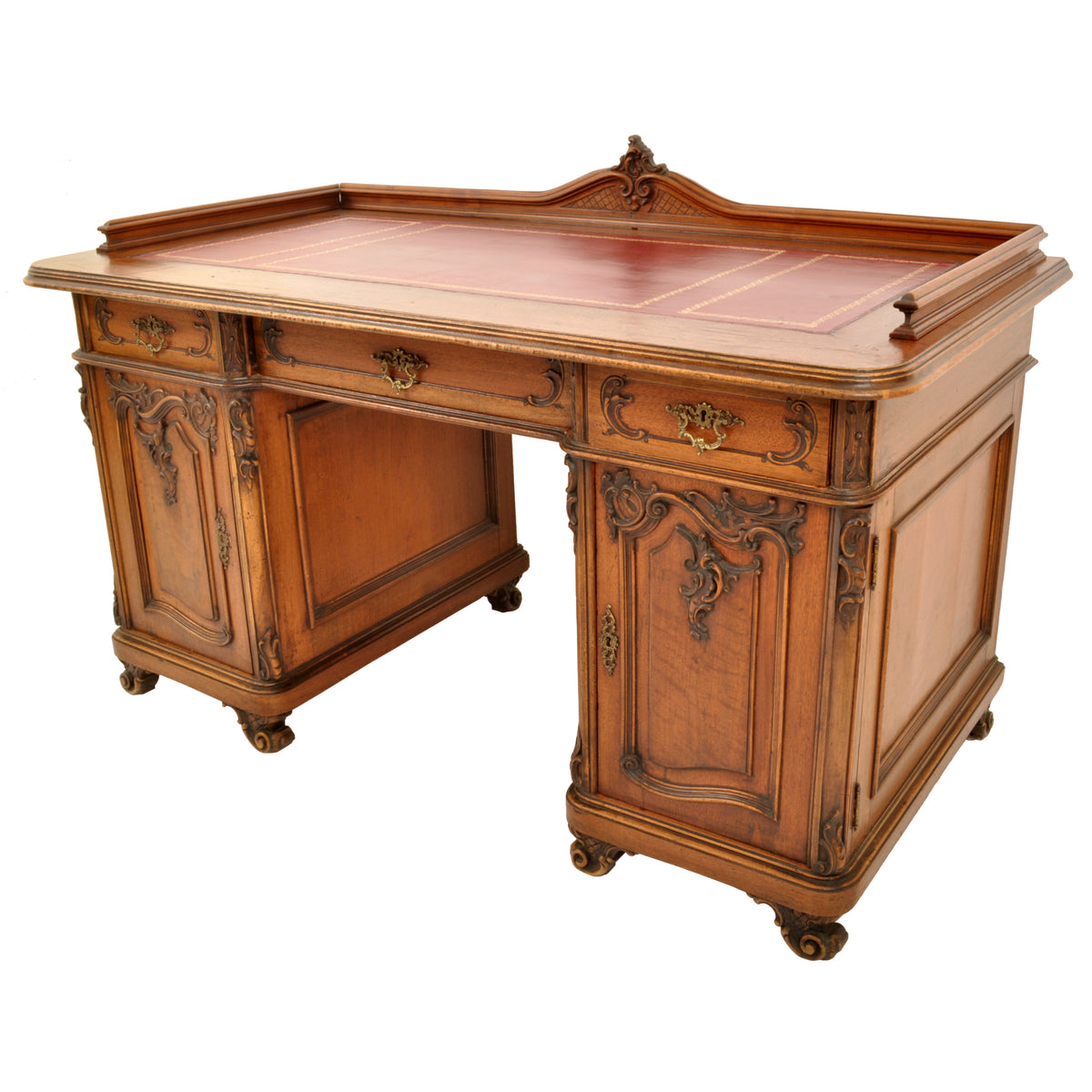 Antique 19th Century Austrian Carved Walnut Rococo Twin Pedestal Desk, circa 1880