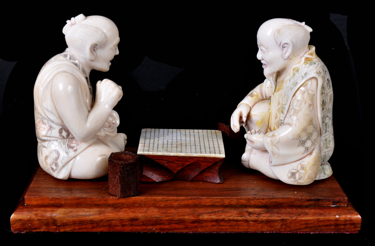 Antique Japanese Meiji Period Ivory Figural Group / Okimono, Go Players, circa 1890