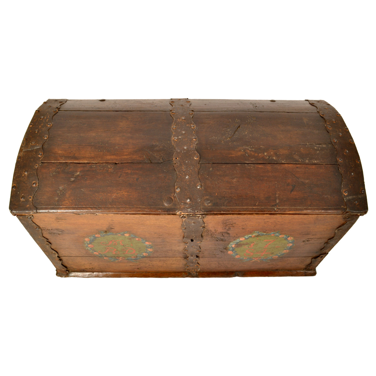 Antique 18th Century German Baroque Painted Walnut Iron Coffer Chest Trunk 1784