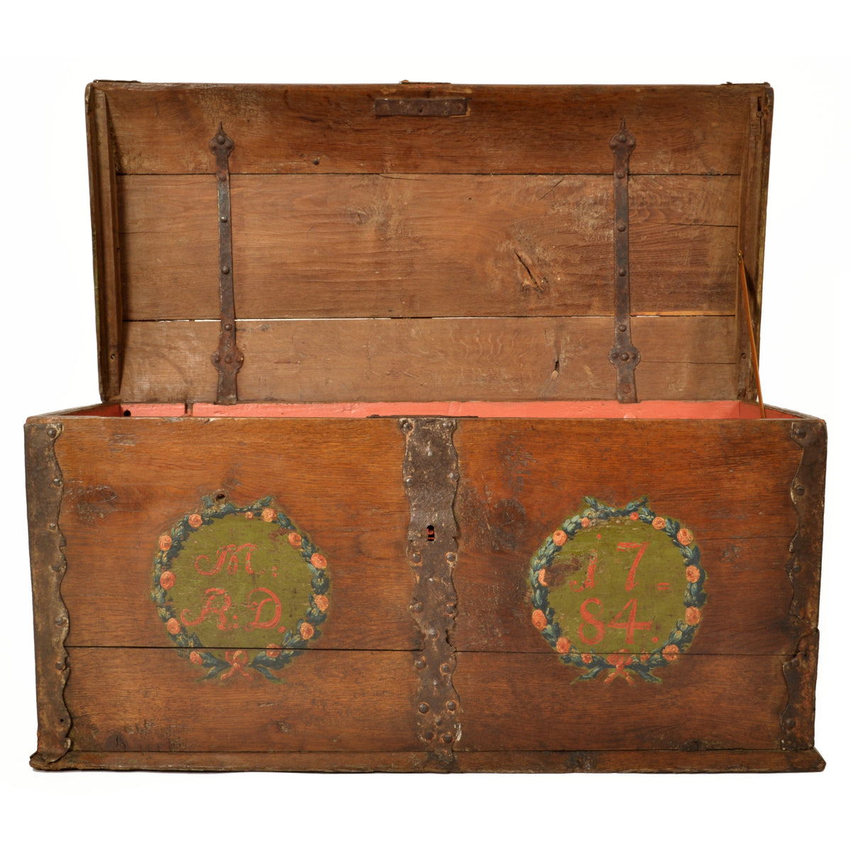 Antique 18th Century German Baroque Painted Walnut Iron Coffer Chest Trunk 1784