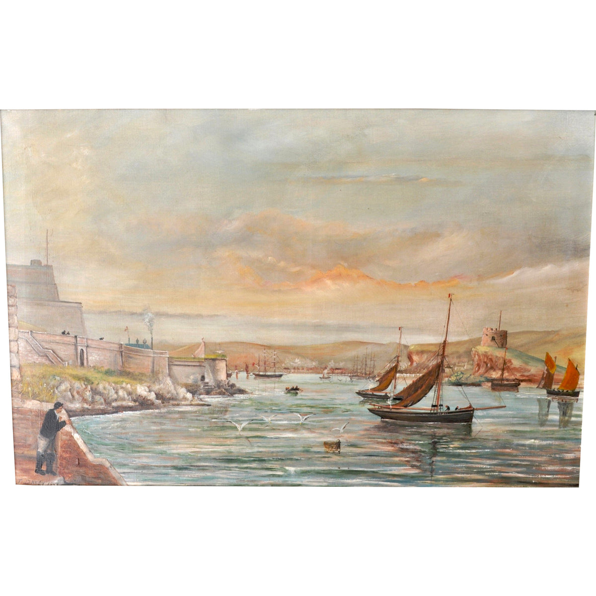 Large Antique Oil on Canvas Seascape Maritime Ships Painting William Turner Davey 1843
