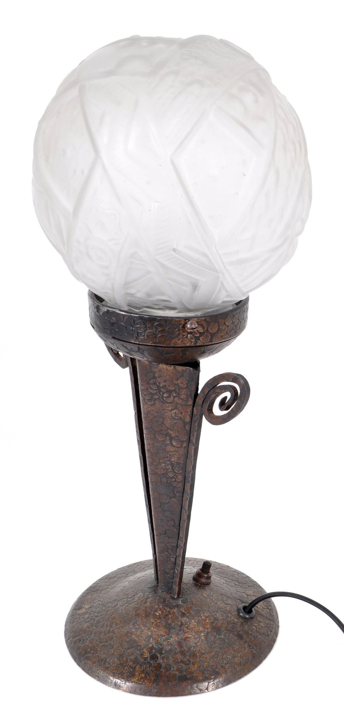 Antique French Art Deco Table Lamp Wrought Iron Daum Glass by Edgar Brandt, circa 1920