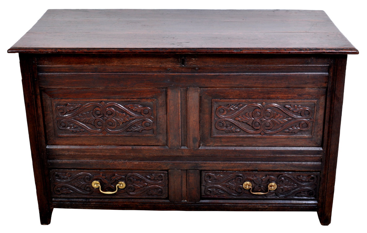 Antique English Late 17th Century Carved Oak Mule Chest / Coffer, circa 1680