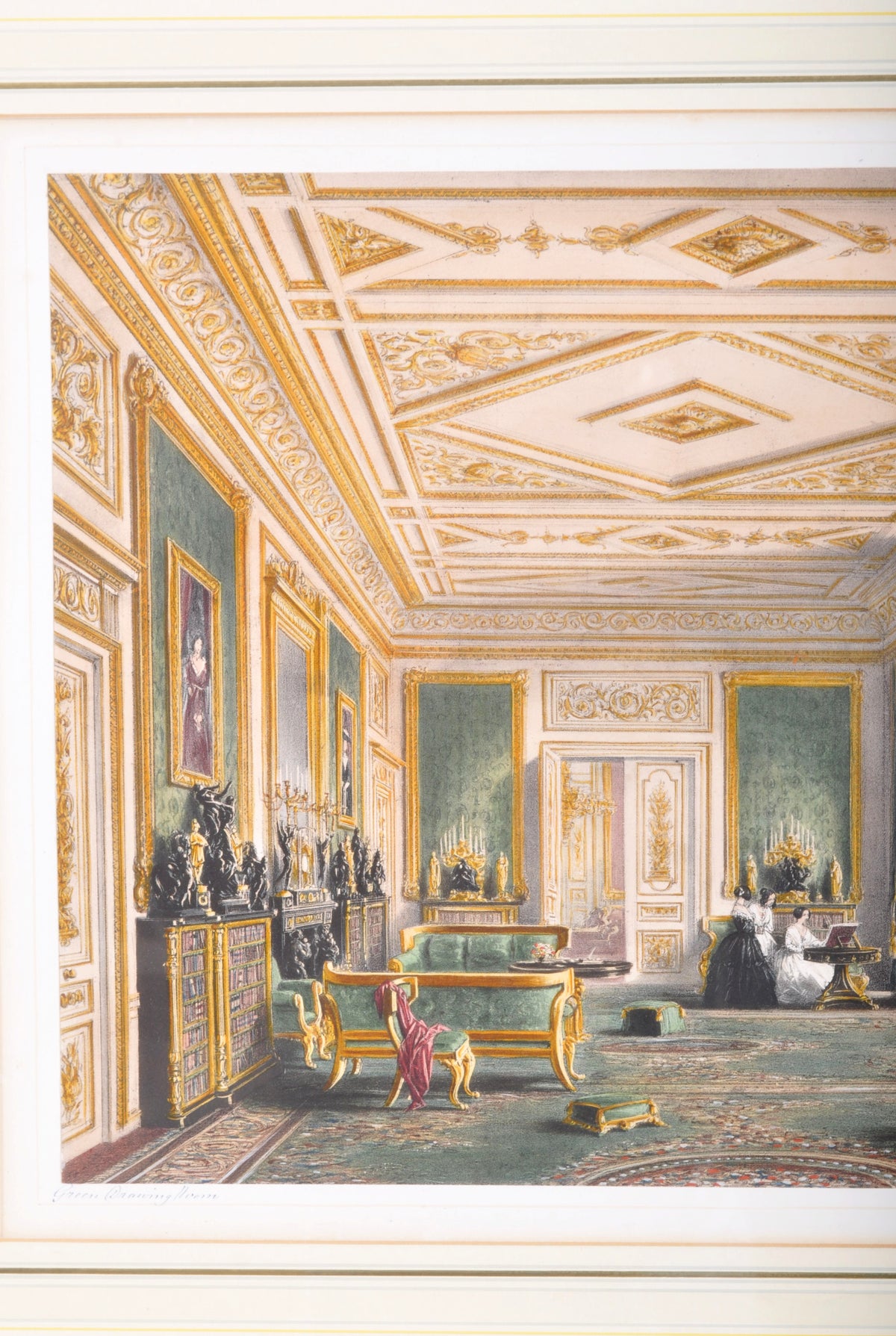 "The Green Drawing Room" Joseph Nash (1808-1878), Color Engraving Interior of Windor Castle, 1848