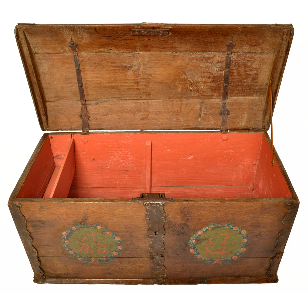 Antique 18th Century German Baroque Painted Walnut Iron Coffer Chest Trunk 1784